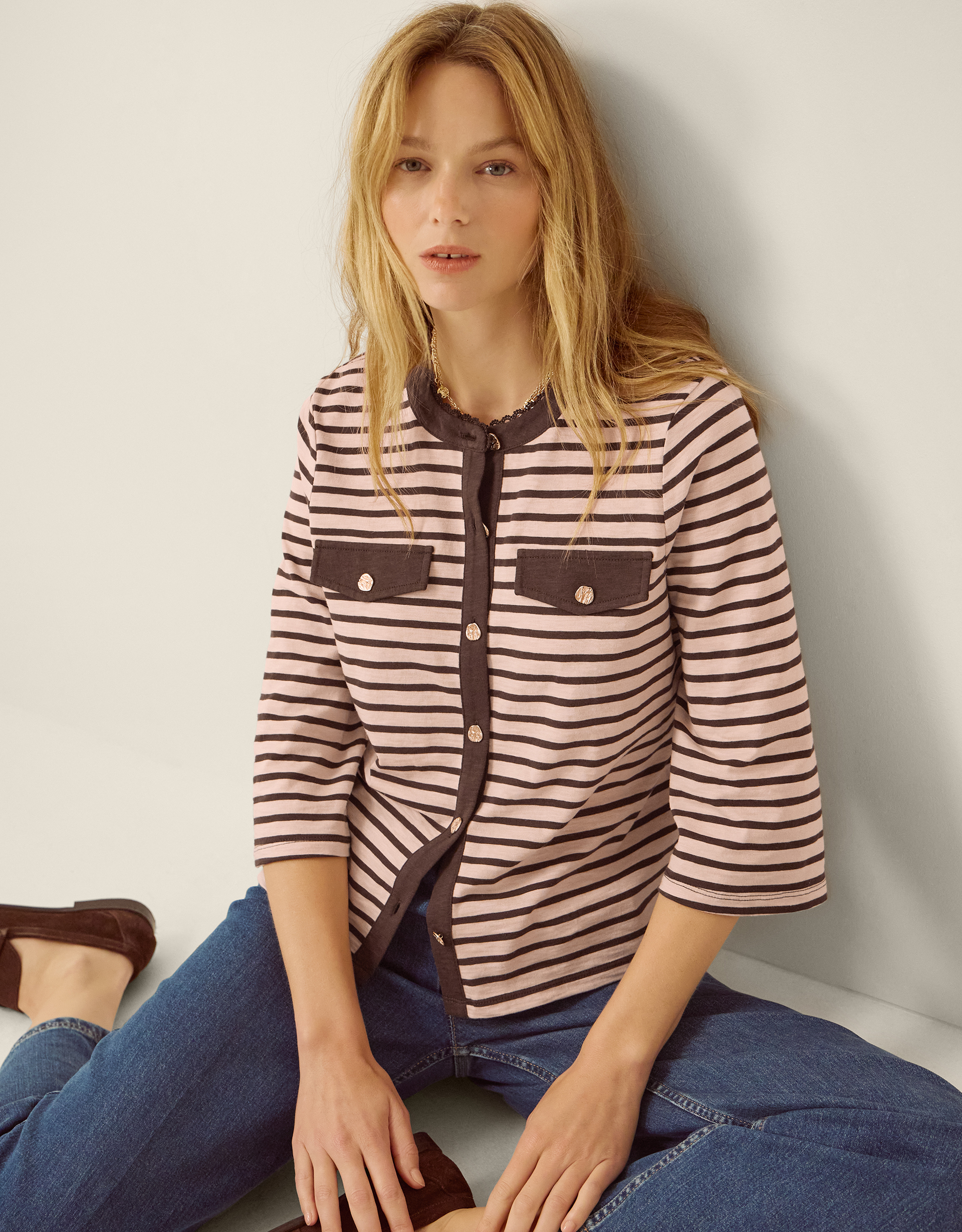 Monsoon Shania Stripe Jersey Buttondown Top in Pink