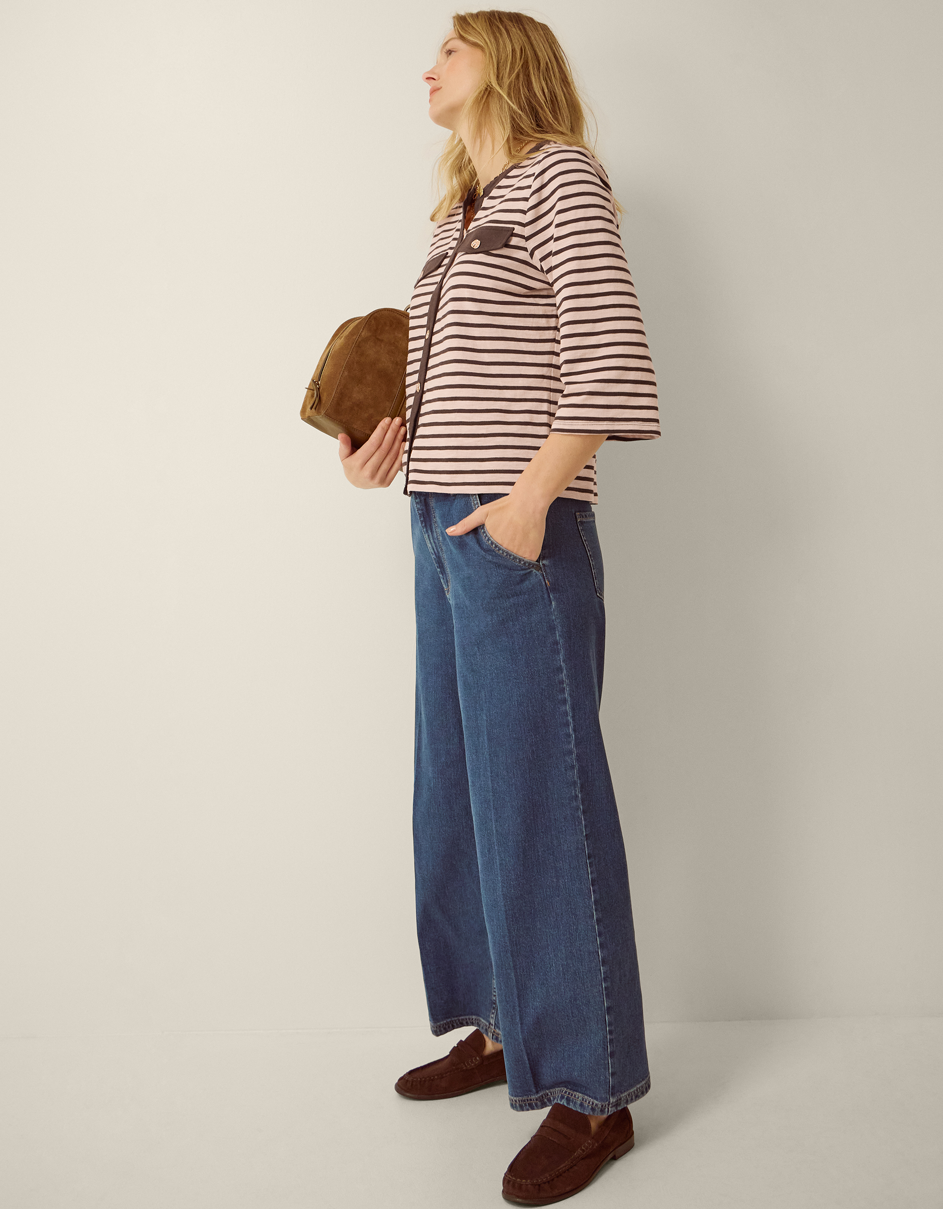 Monsoon Shania Stripe Jersey Buttondown Top in Pink, view 2