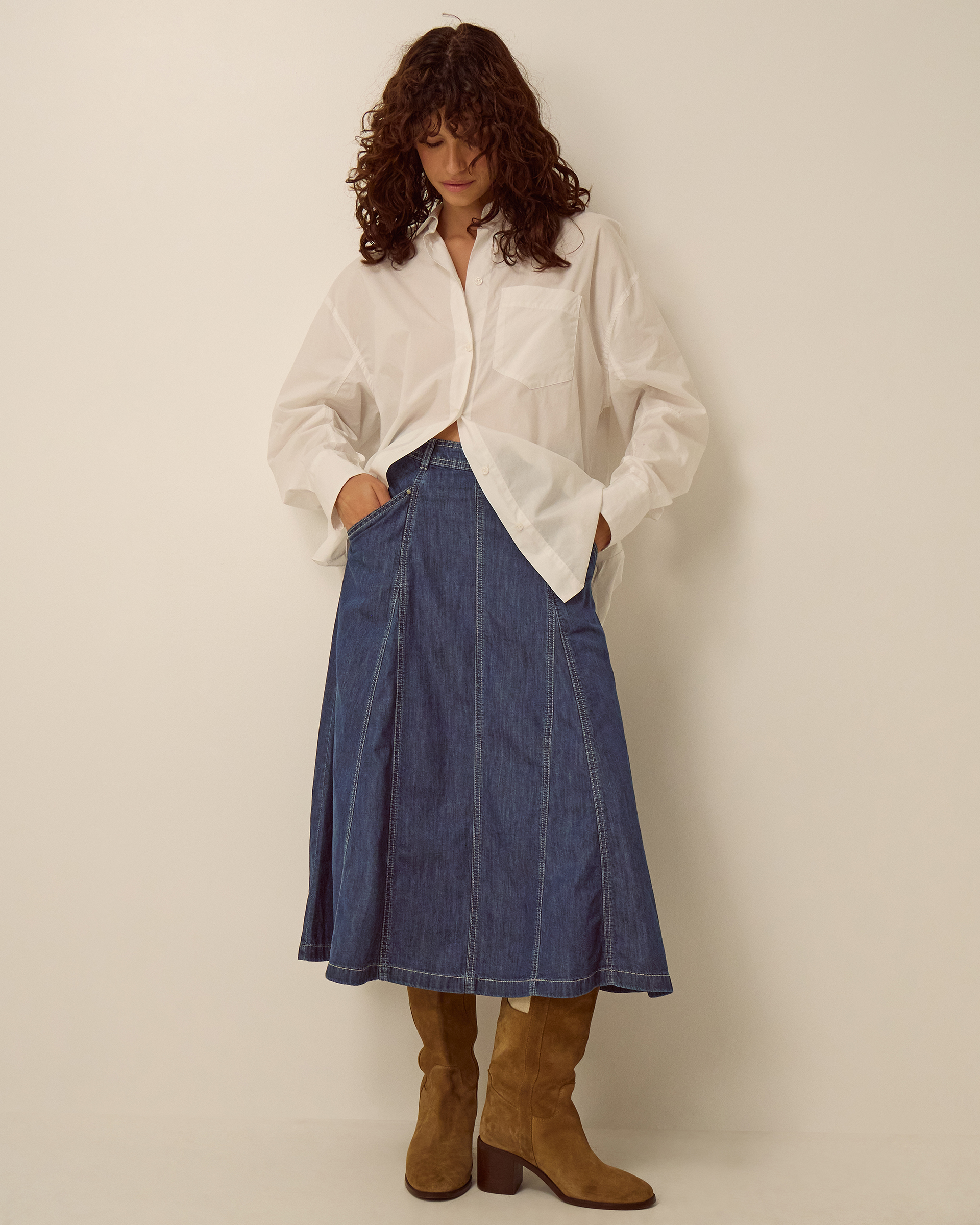 Monsoon Harper Godet Denim Midi Skirt, view 4