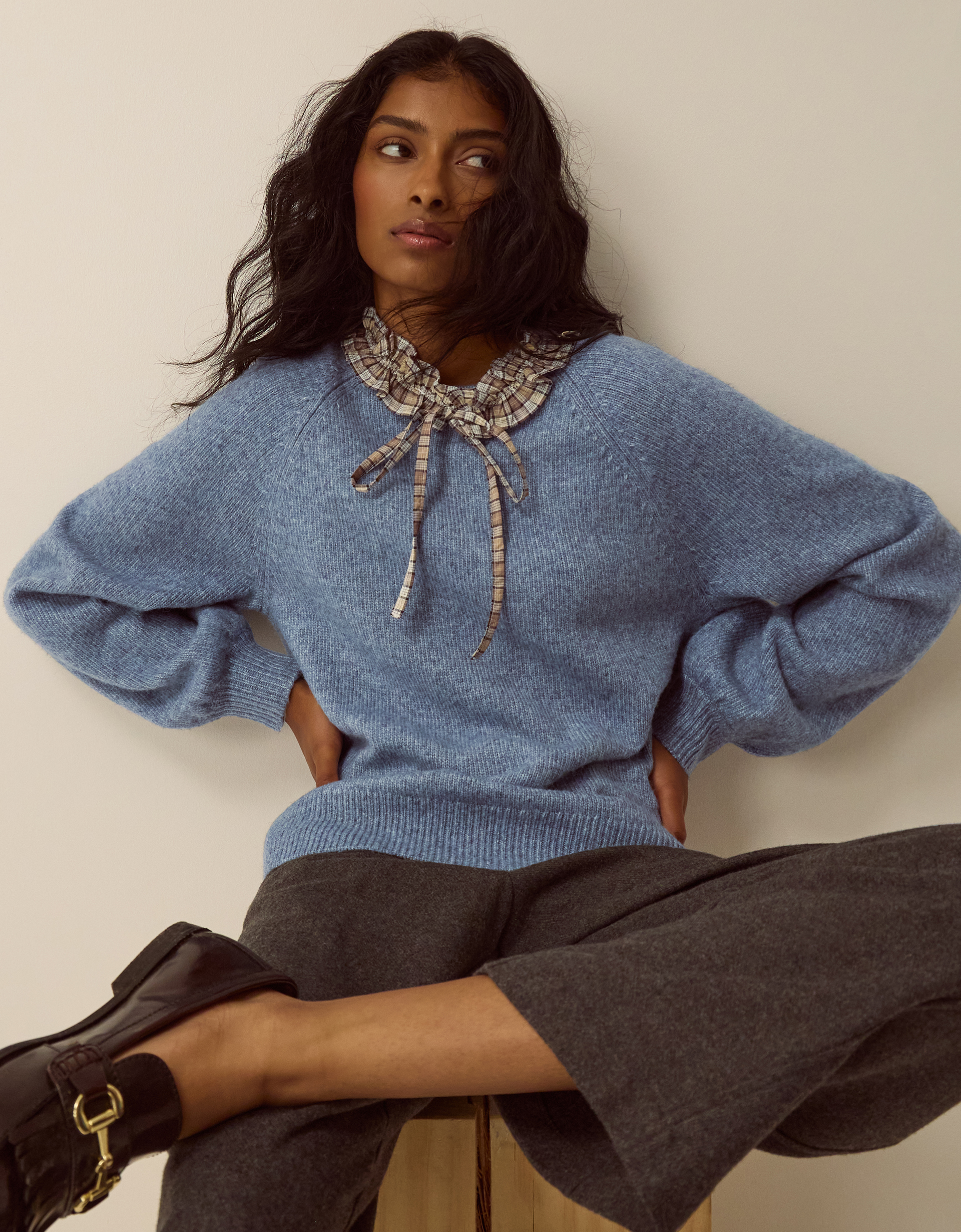 Monsoon Corie Check Ruffle Collar Jumper