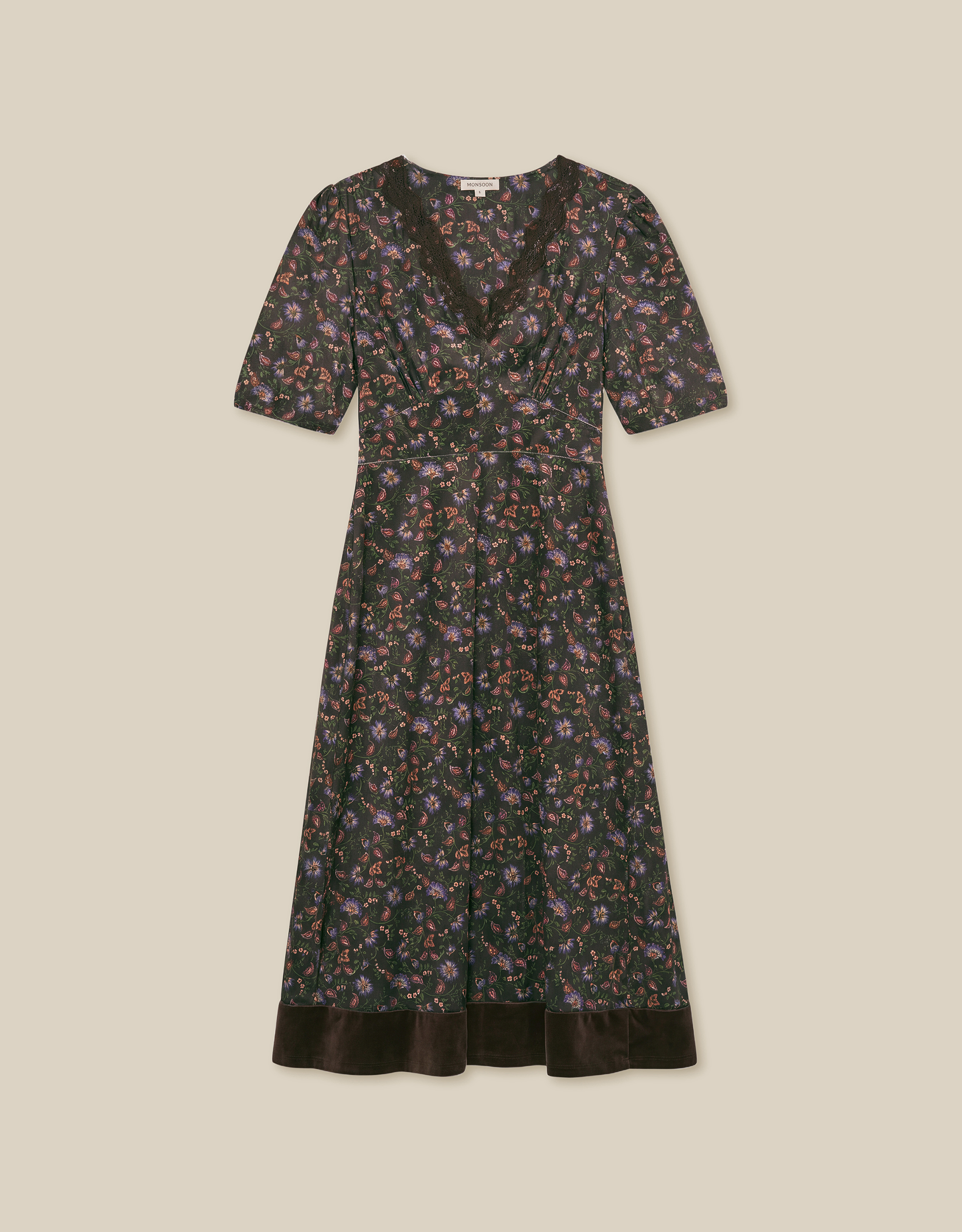 Monsoon Carly V-Neck Floral Print Velvet Midi Dress, view 5