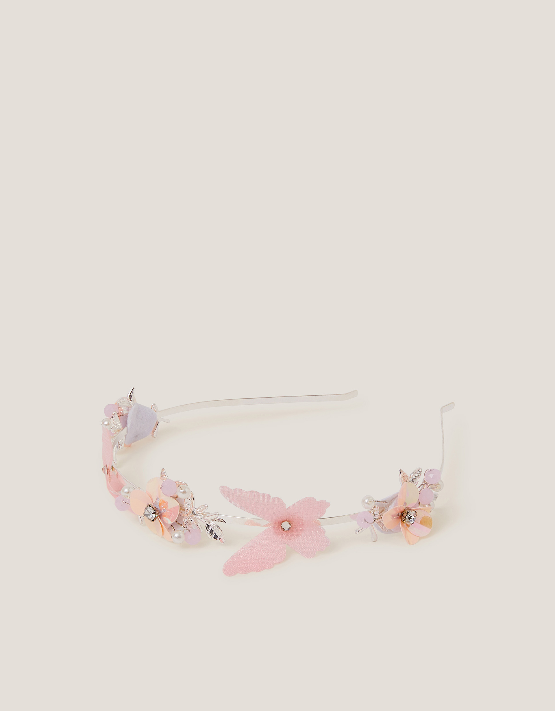 Monsoon Floral Butterfly Embellished Metal Headband in cream/pink