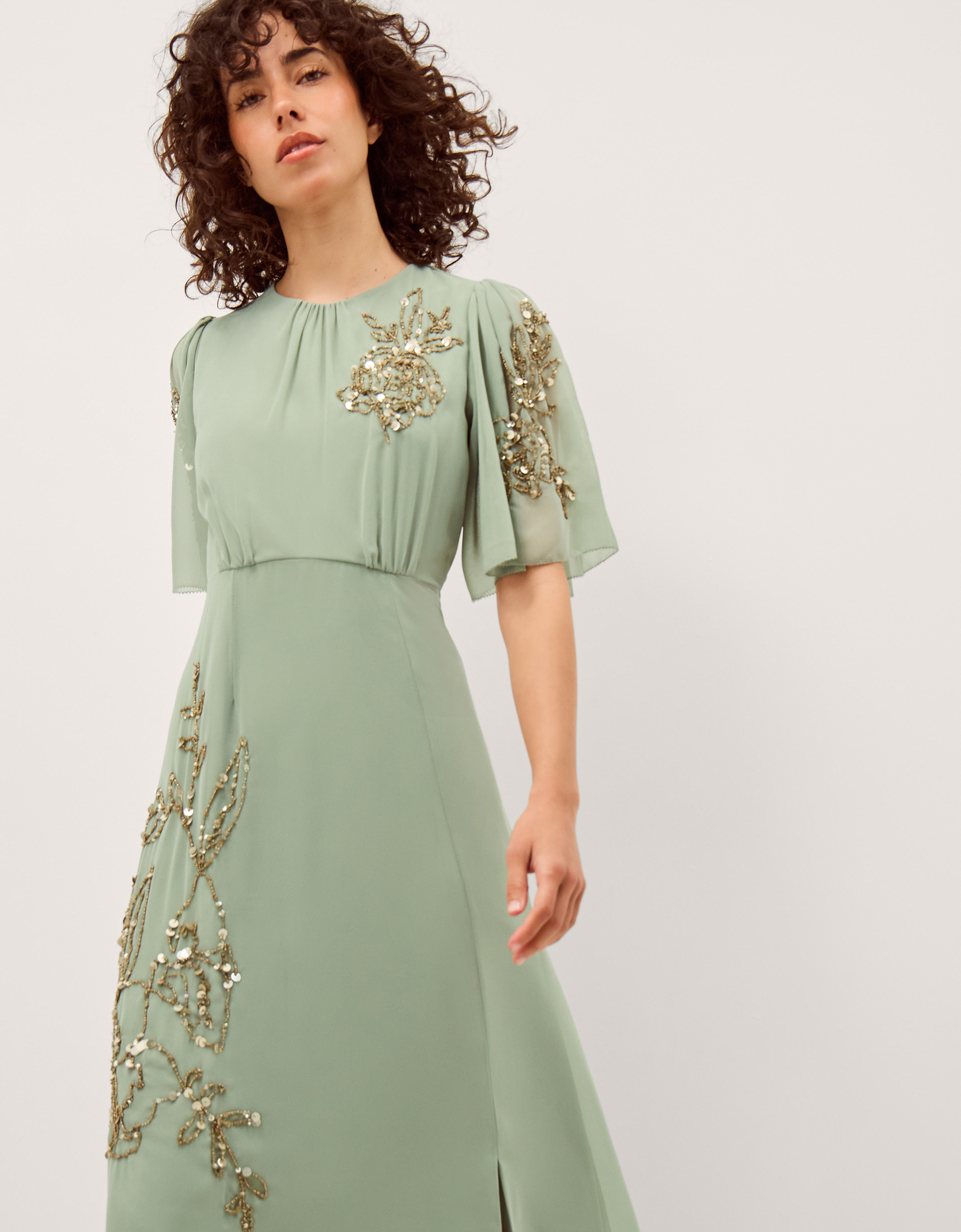 Monsoon Skyler Floral Embellished Maxi Dress in Green, view 4