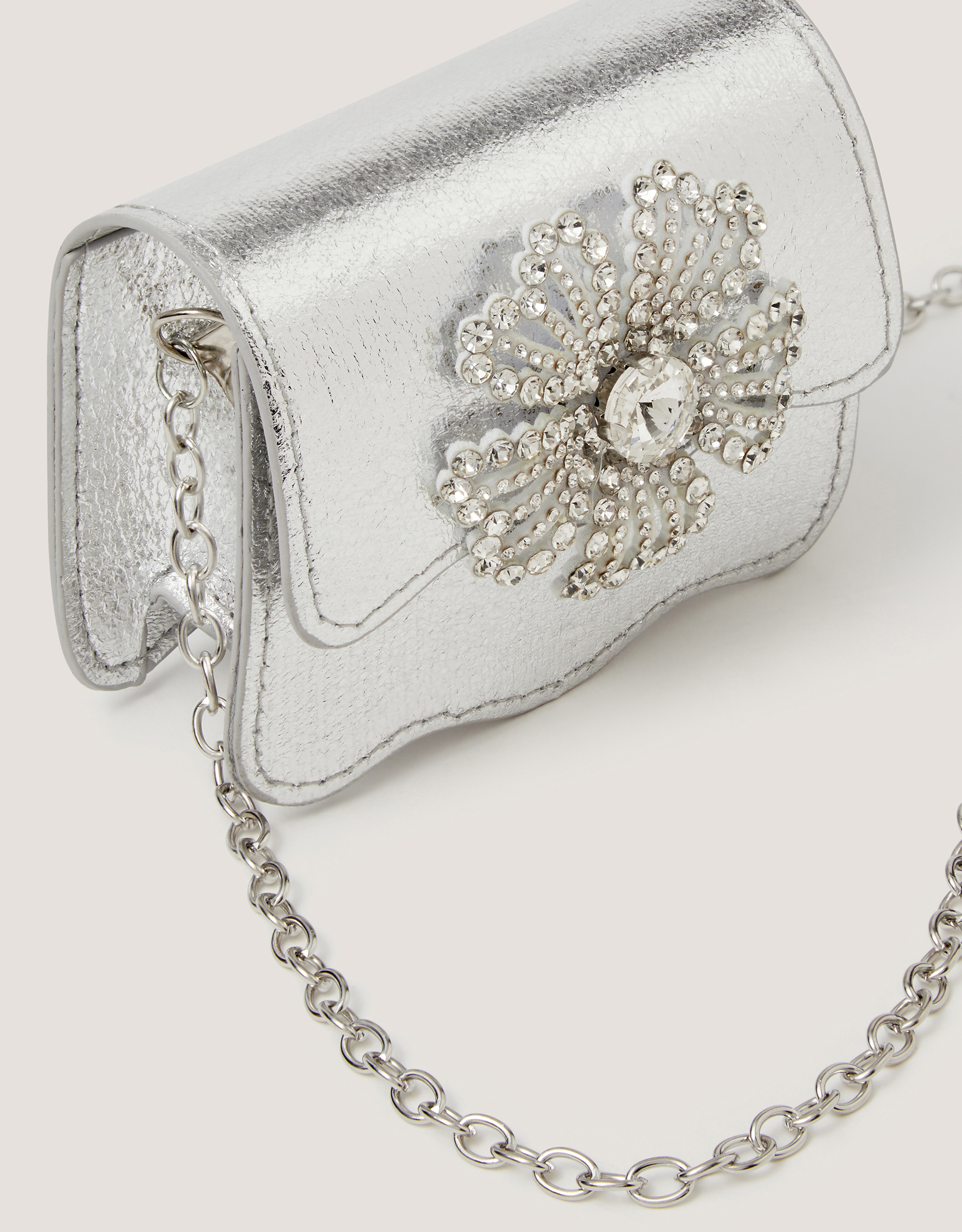 Monsoon Mini Diamanté Flower Metallic Bag, view 3
