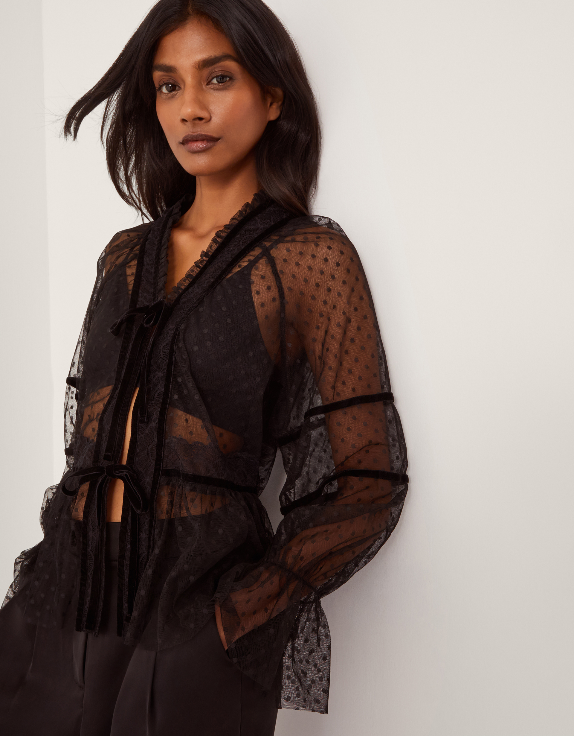 Monsoon Lina Sheer Polka Dot Lace Blouse in black