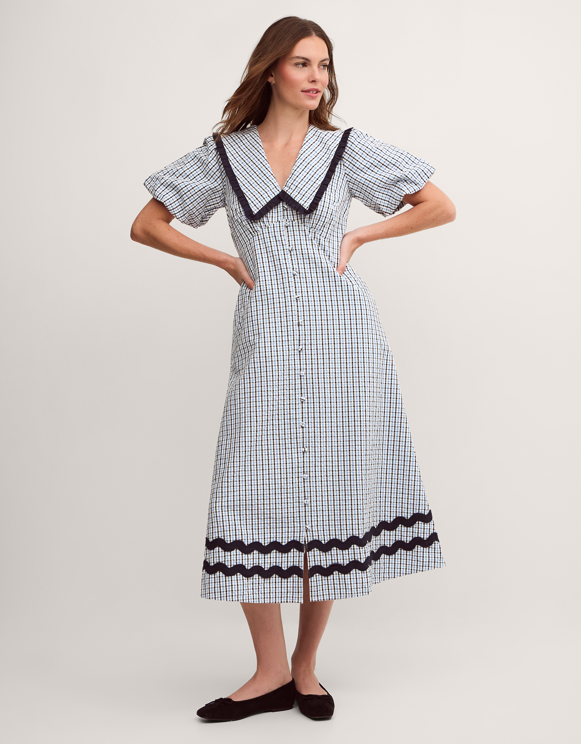 Monsoon Riley Puff Sleeve Check Print Midi Dress