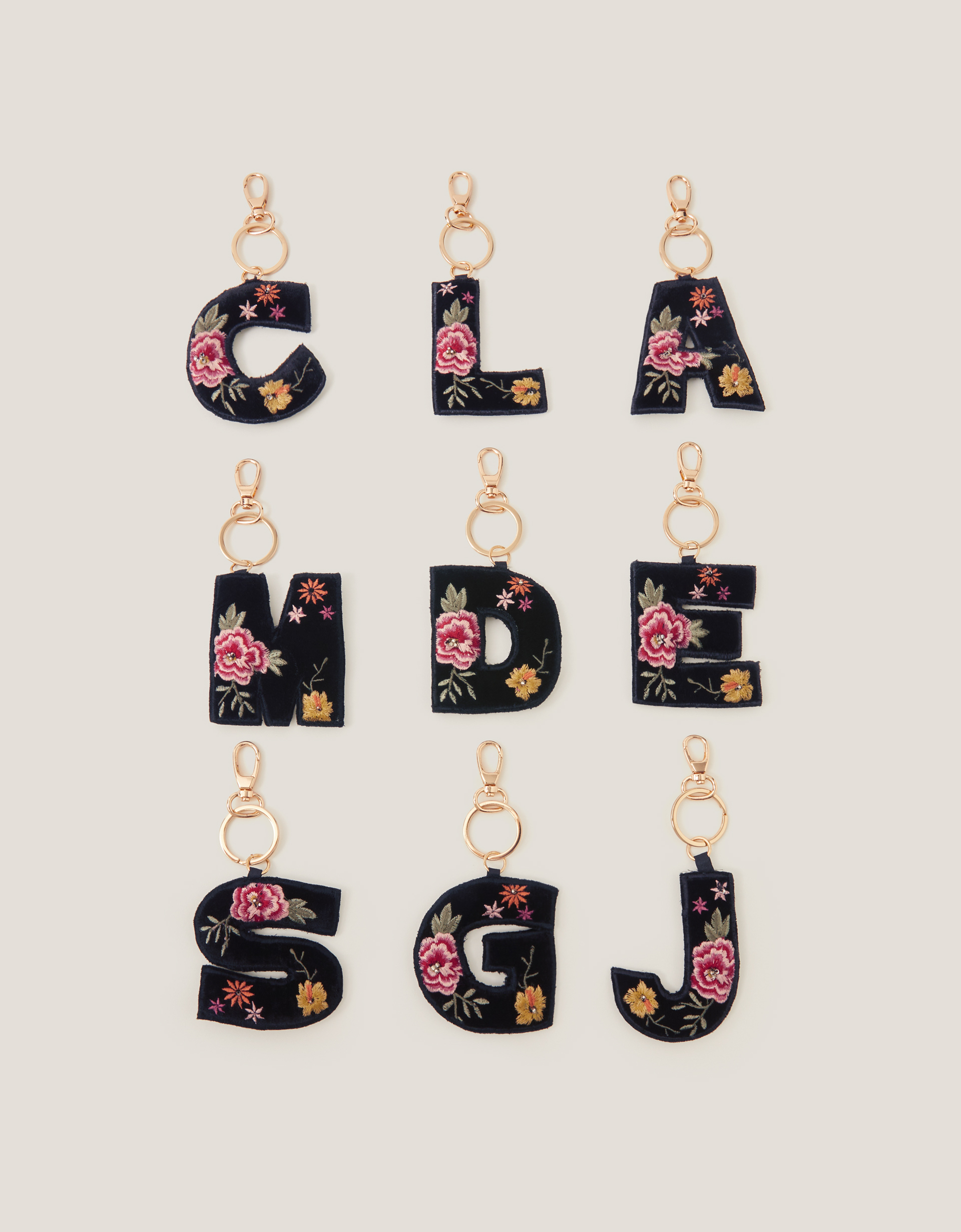 Monsoon Floral Embroidered Initial Keyring in Black, view 4