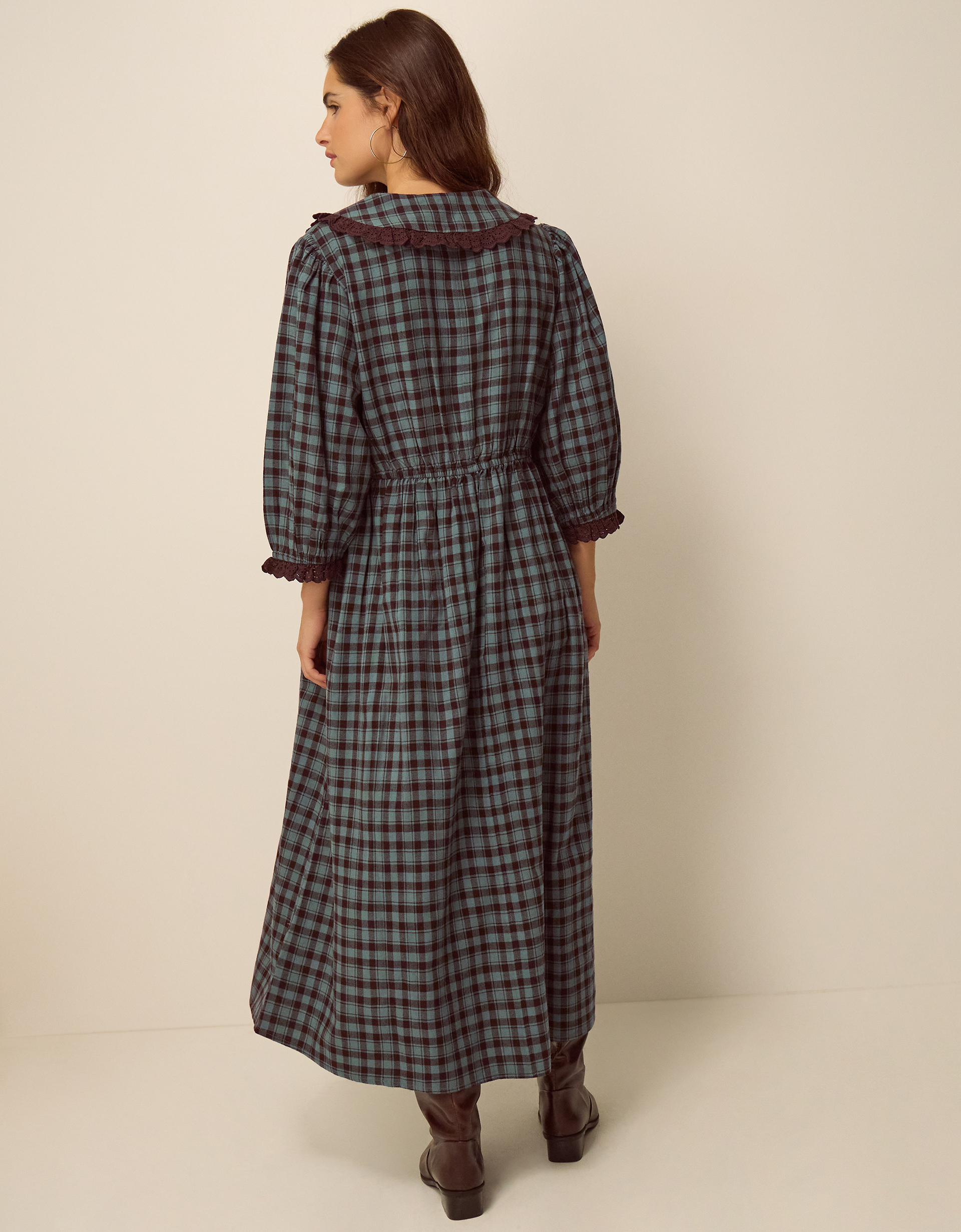 Monsoon Ruby Collar Check Print Midi Dress, view 3