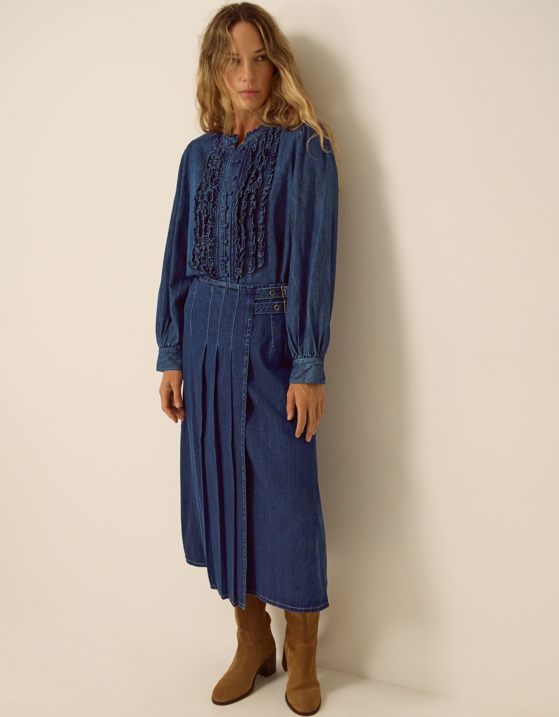Monsoon Kitty Denim Kilt Midi Skirt in blue