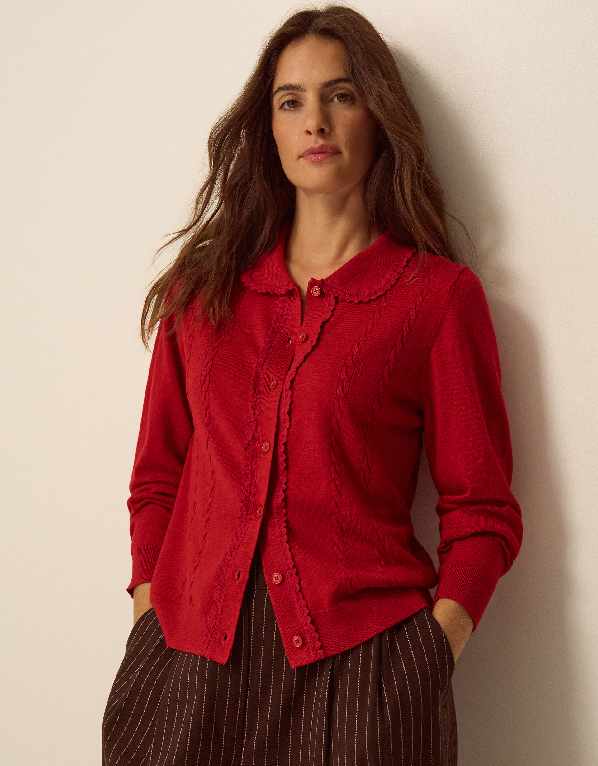 Monsoon Carey Cable Knit Cardigan in Red