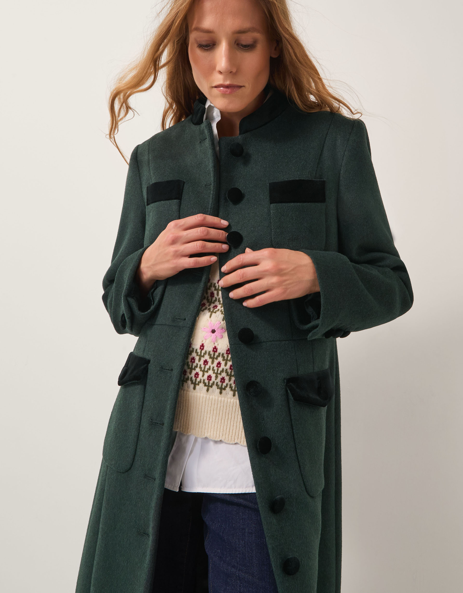 Monsoon Viv Velvet Trim Military Coat in Green, view 4