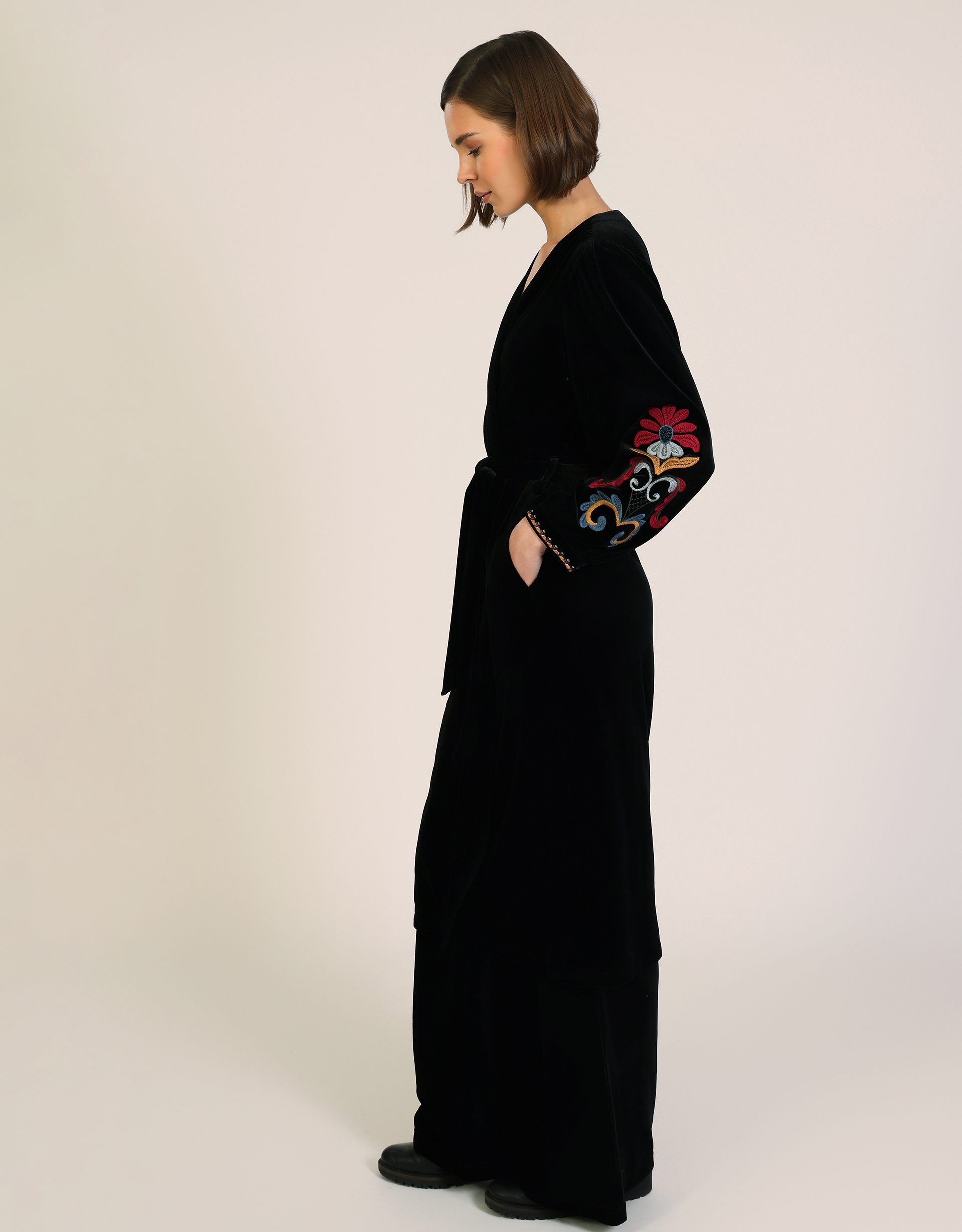 Monsoon Traffic People Folklore Embroidered Velvet Duster Coat, view 3