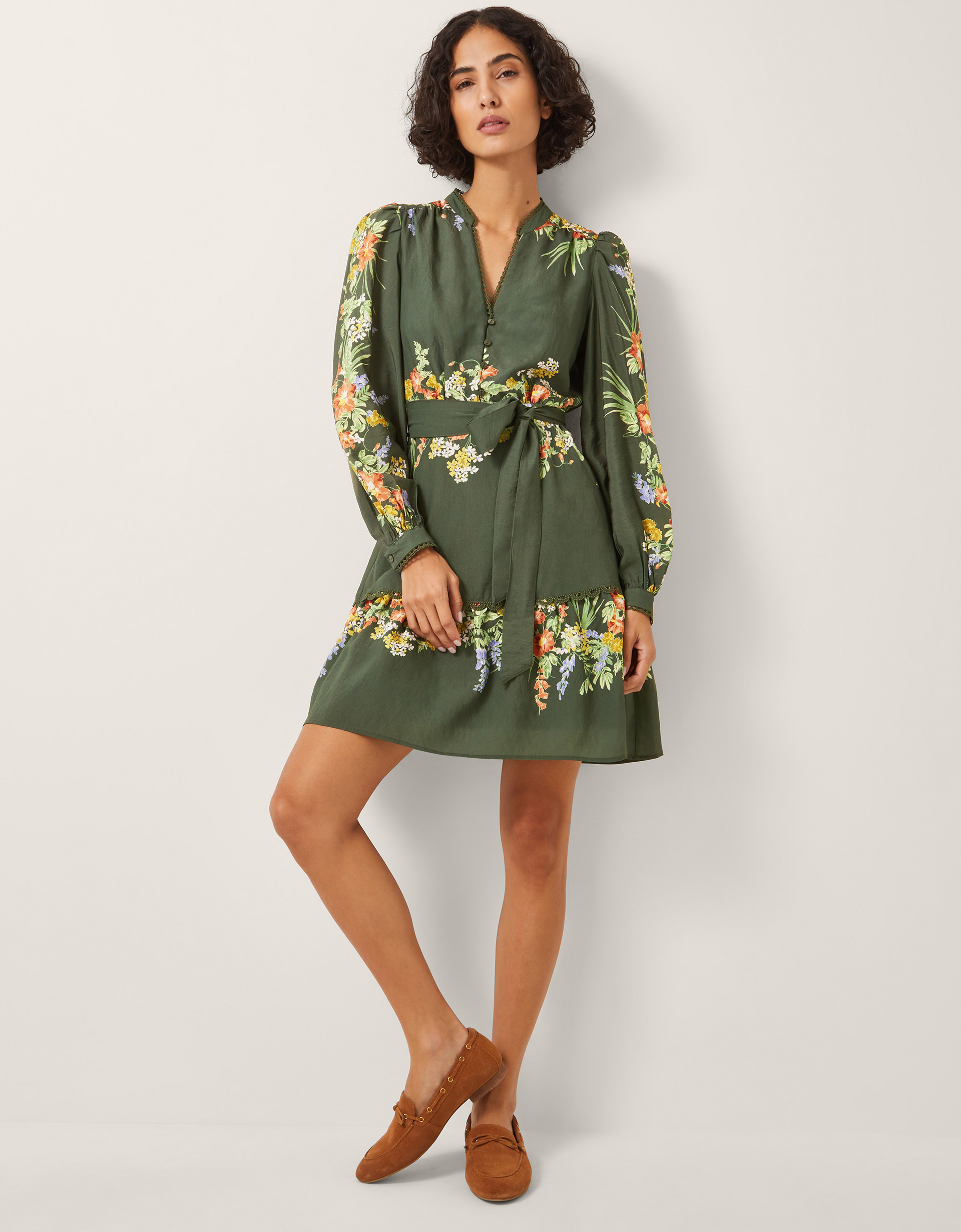 Monsoon Green & Yellow Viscose Floral Print Jesse Long Sleeve Mini Dress