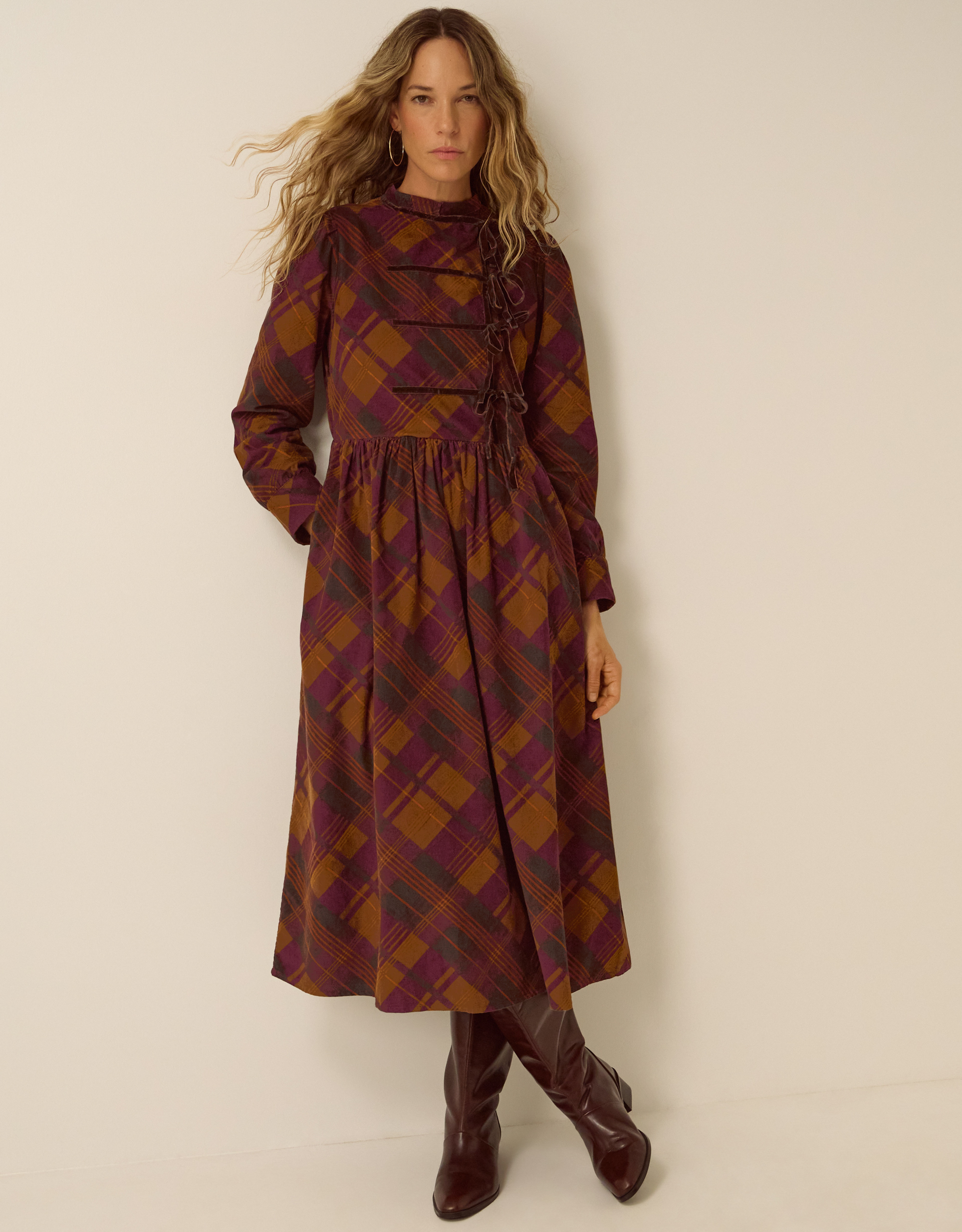 Monsoon Melinda Check Print Corduroy Midi Dress Brown