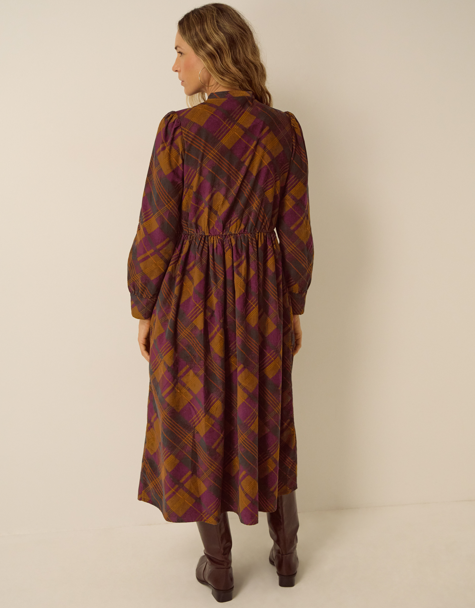 Monsoon Melinda Check Print Corduroy Midi Dress Brown, view 3