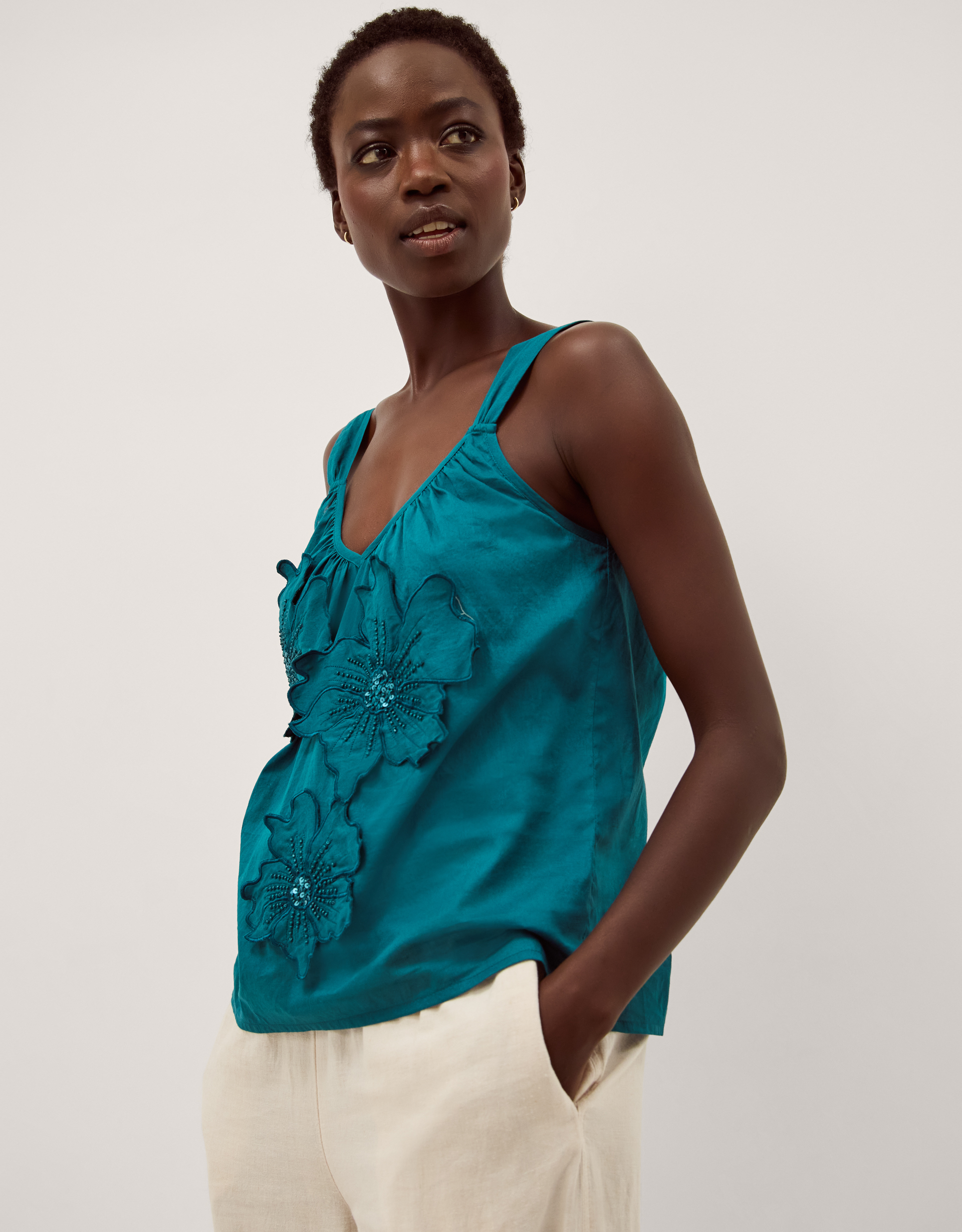 Monsoon Rosalie Sleeveless Floral Embellished Top in teal