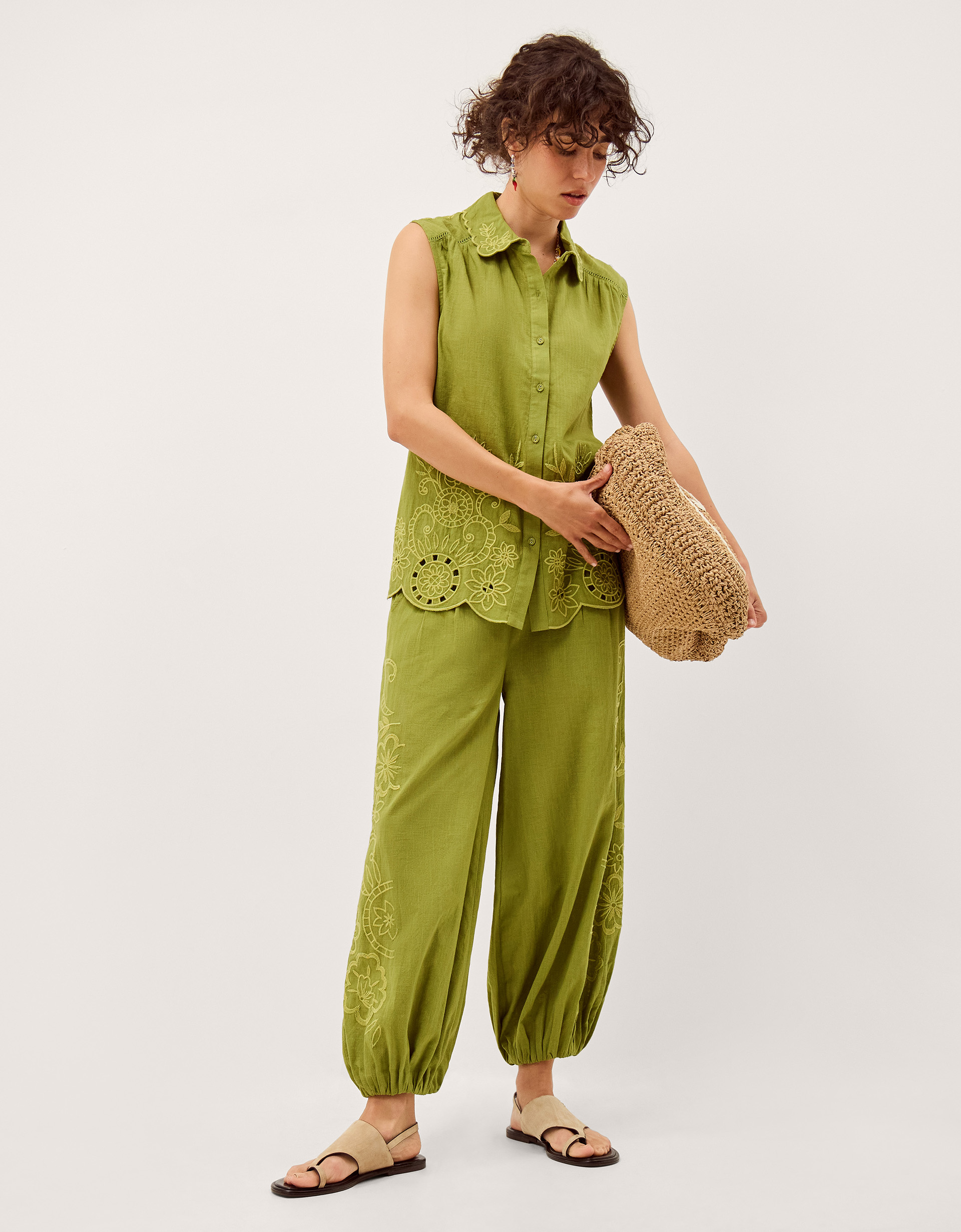 Monsoon Effie Embroidered Balloon Trousers in green