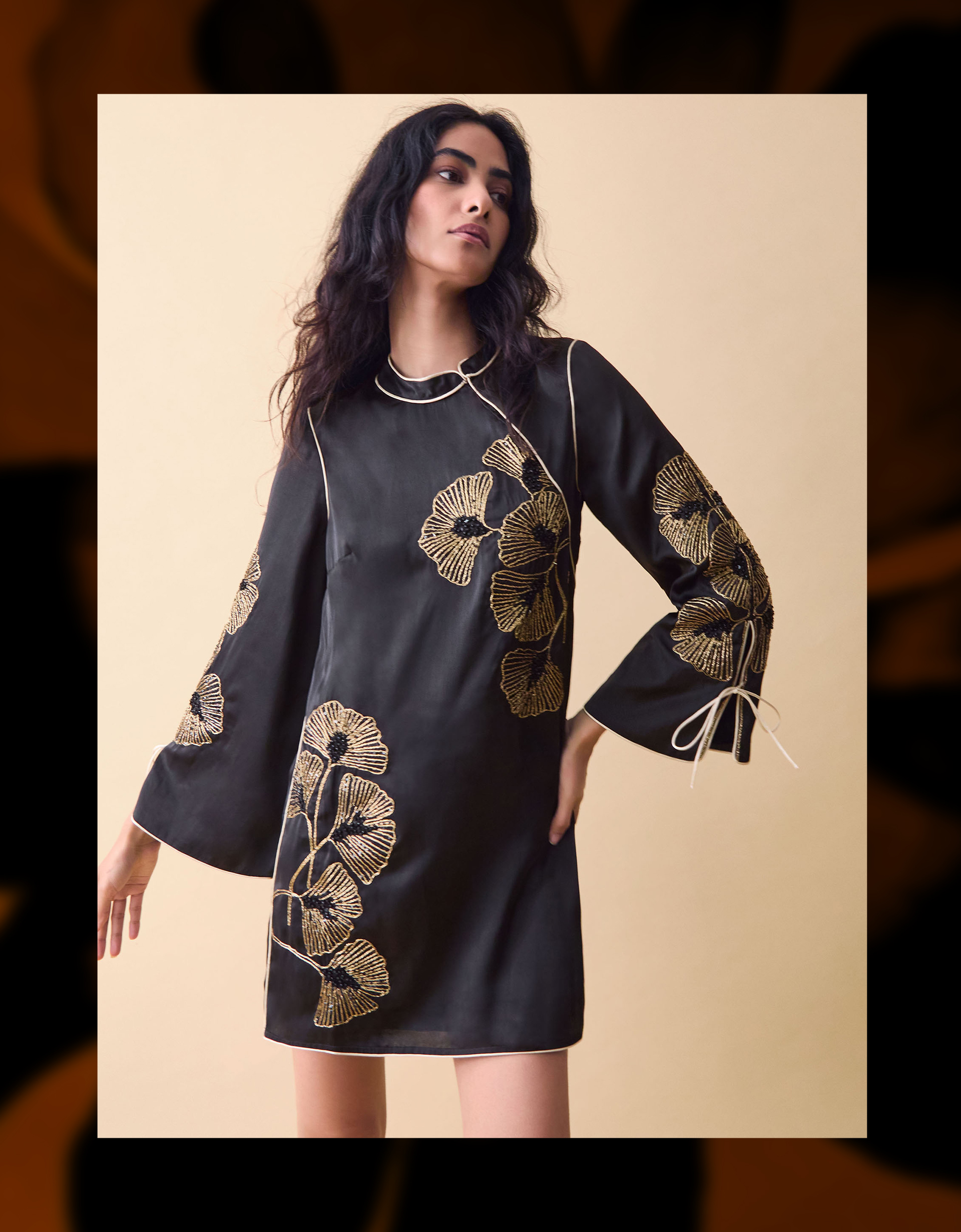Monsoon Clemence Women's Black & Gold Floral Embellished Alise Mini Dress