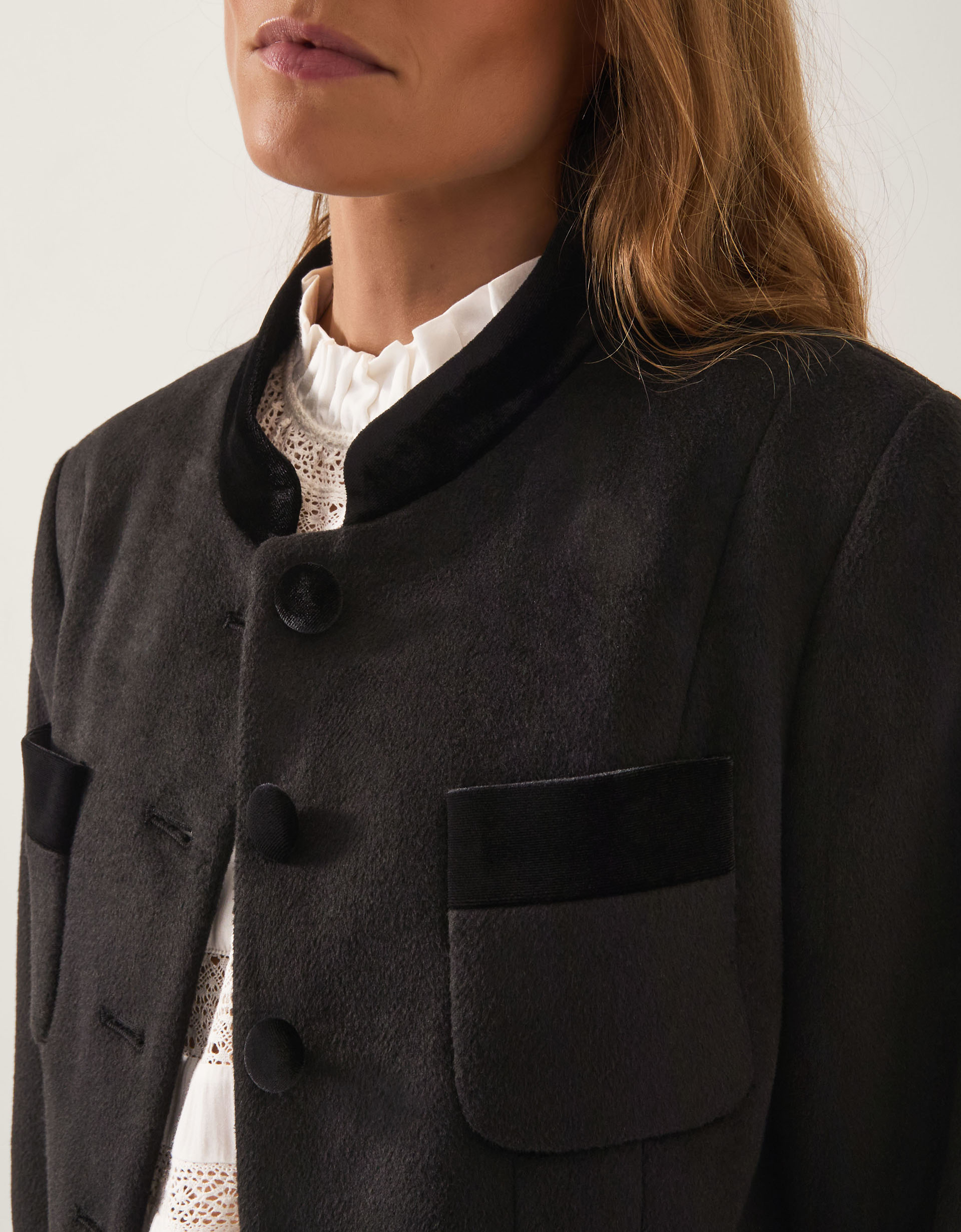 Monsoon Viv Velvet Trim Military Coat in Black, view 2