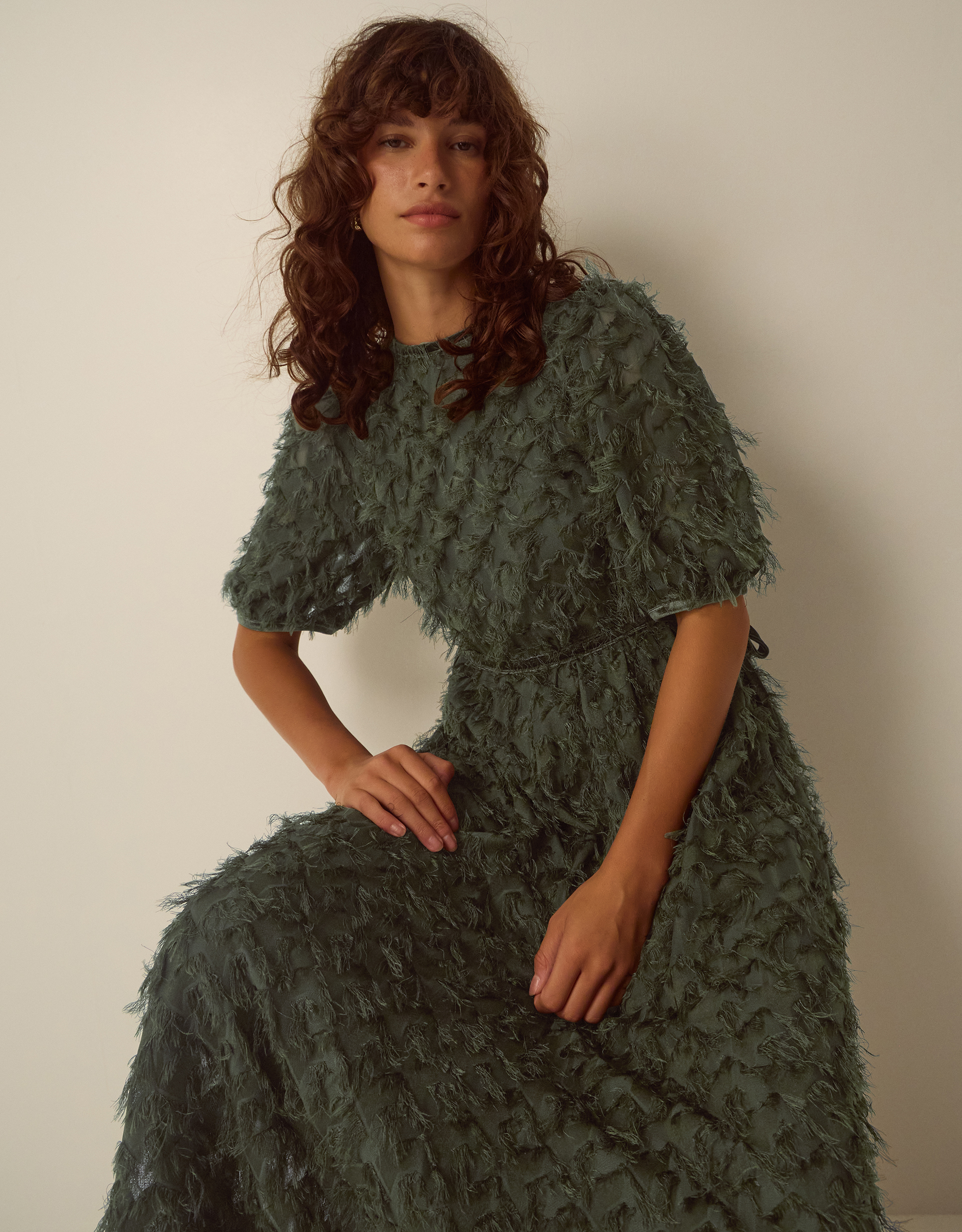 Monsoon Felicity Short Sleeve Textured Fringe Midi Dress