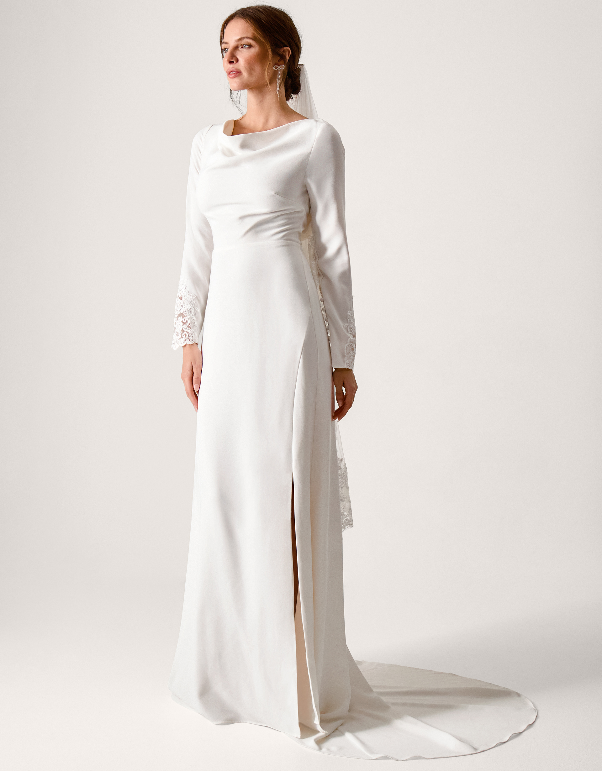 Monsoon Aleah Long Sleeve Cowl Lace Wedding Dress Ivory