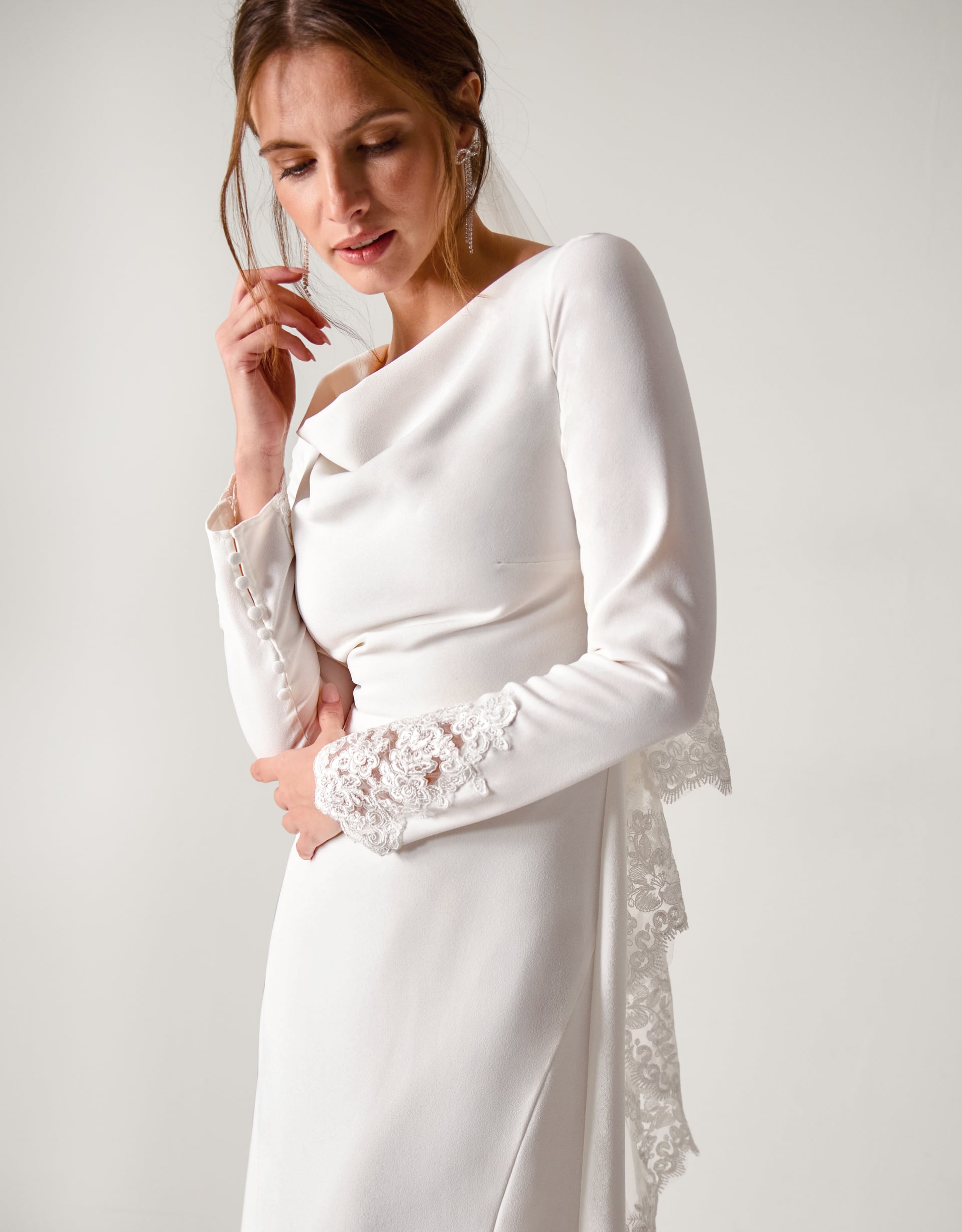 Monsoon Aleah Long Sleeve Cowl Lace Wedding Dress Ivory, view 2