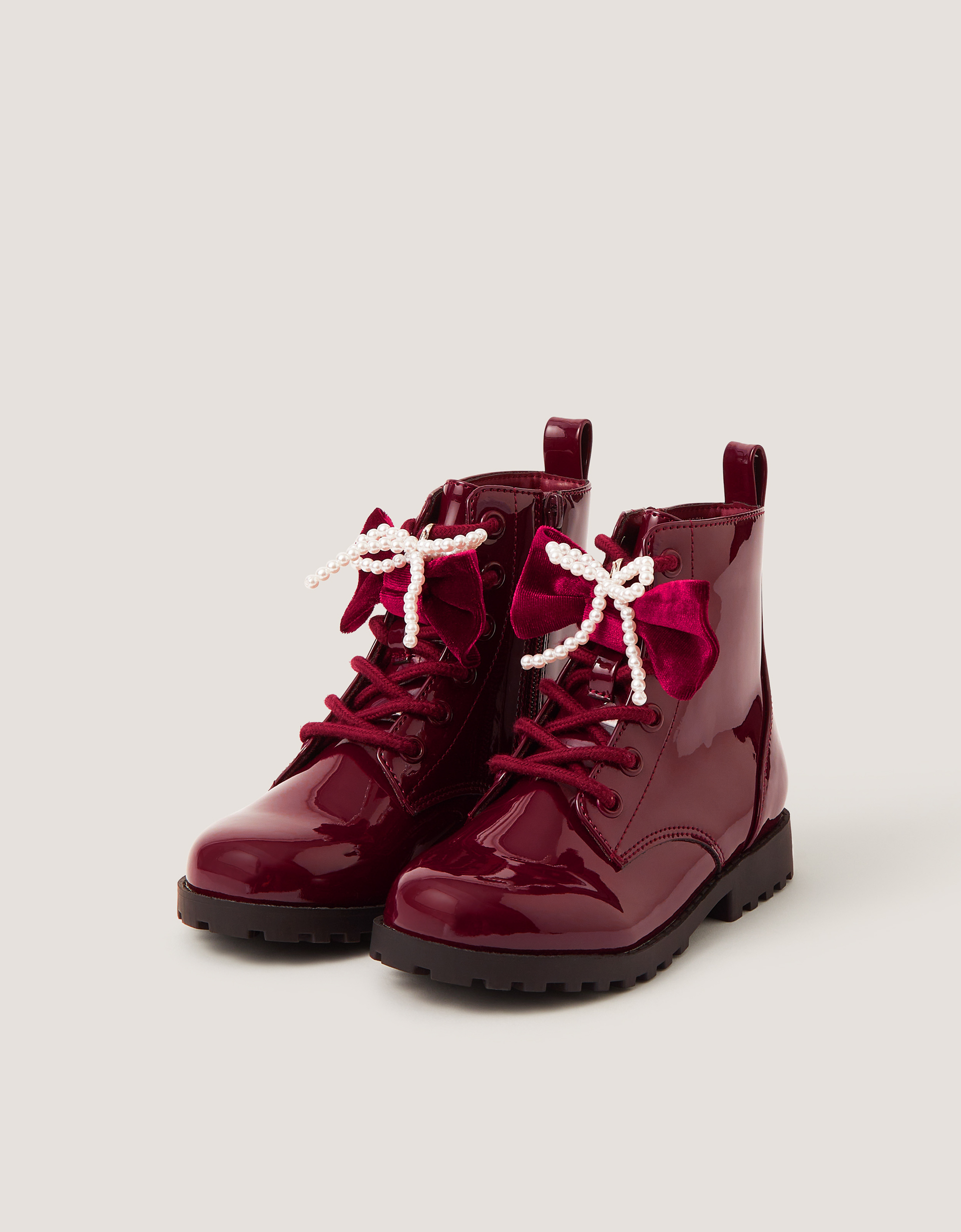 Monsoon Bow Patent Lace-Up Boots in Red